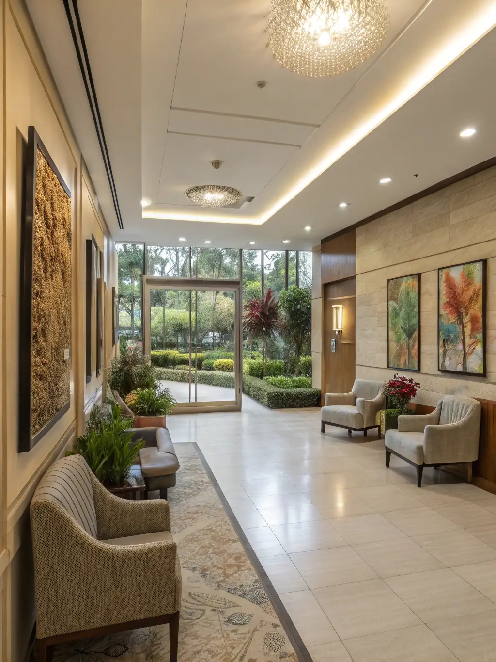 A modern, clean hospital lobby in Bangkok, Thailand, with comfortable seating and a calming water feature, representing a welcoming environment for patients seeking dementia care.