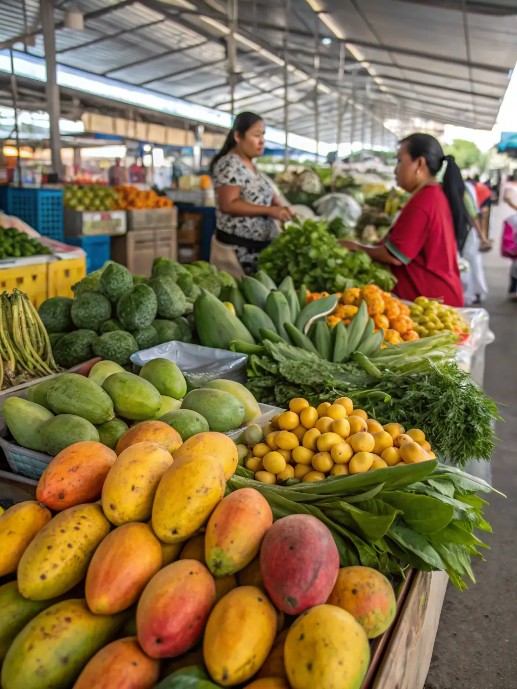 An image of fresh, colorful Thai fruits and vegetables at a local market, emphasizing the health benefits of Thai cuisine.