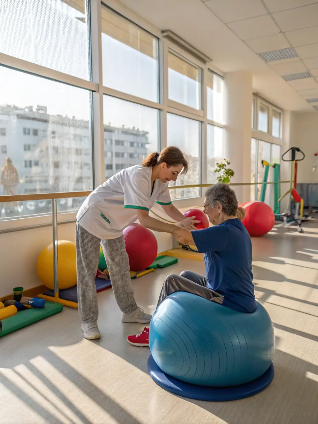 A serene image of a patient engaging in cognitive therapy exercises with a therapist in a bright, modern room at a Bangkok hospital.