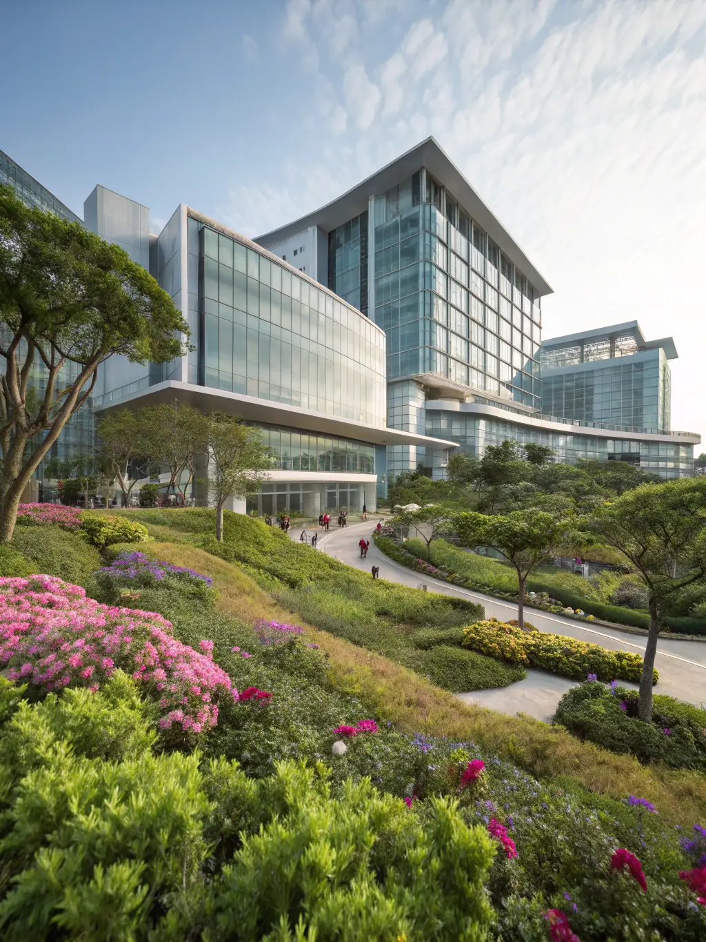 Exterior shot of Bumrungrad International Hospital in Bangkok, showcasing its modern architecture and lush landscaping, emphasizing its commitment to patient well-being.