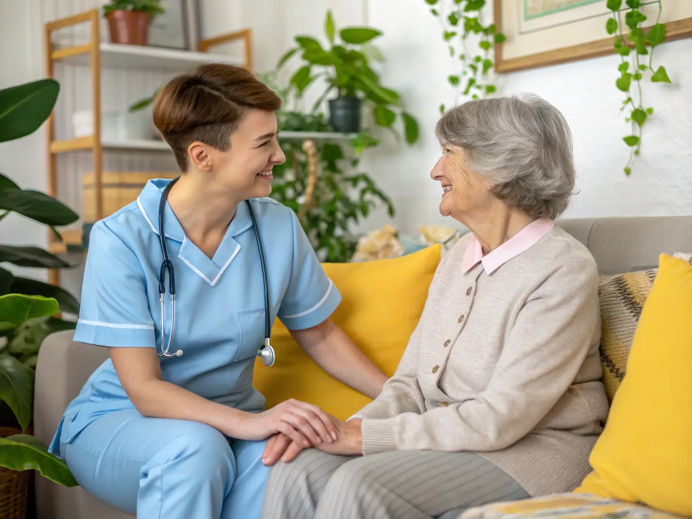 A caring Thai nurse assisting an elderly patient in a bright and modern hospital room, showcasing the compassionate and high-quality healthcare services available in Thailand.